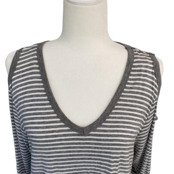 French Laundry V-Neck Stripe 3/4 Short Elbow Sleeve Tunic Tee Top High Low Slits - Picture 6 of 16